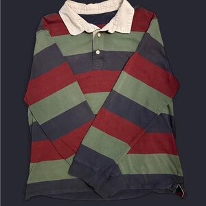 Vintage Long-Sleeve Rugby Stripe Polo Shirt - Red/Green/Navy